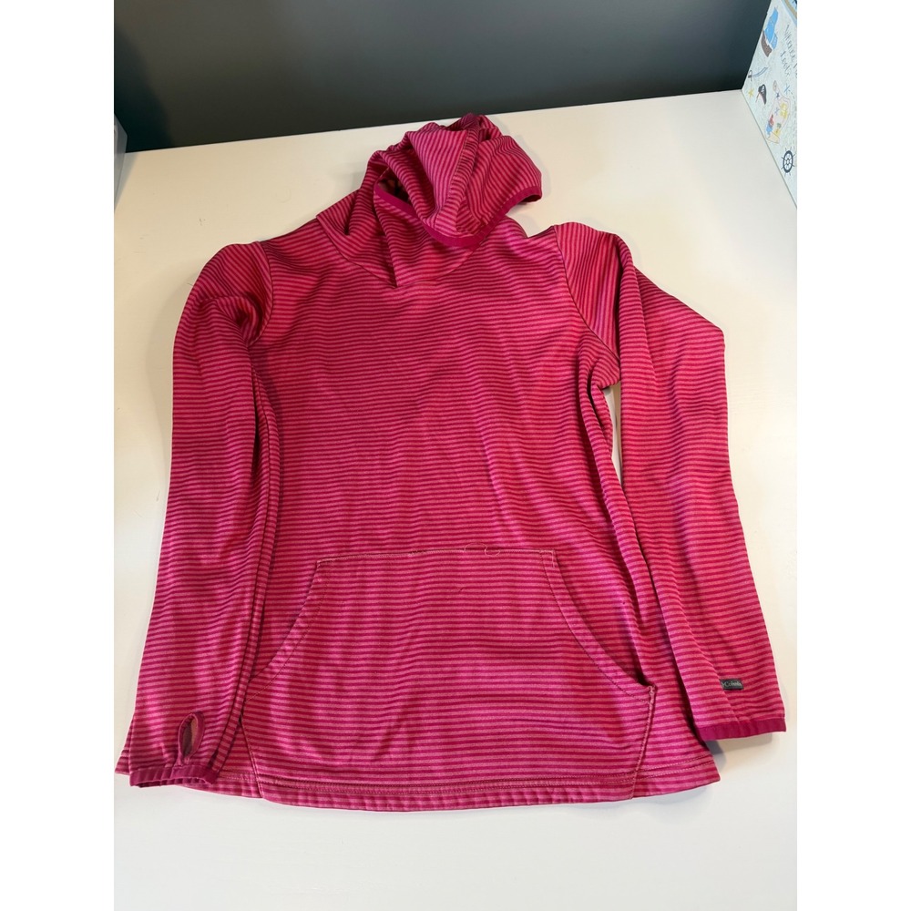 Columbia Womens Pink Striped Fleece Hoodie Thumbhole Pullover Size M Pink